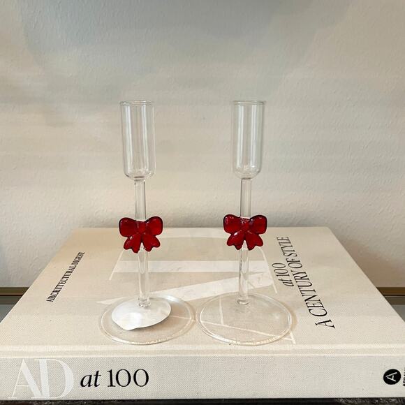 Red Bow Glass Taper Candle Holders 7in Set of 2 Holiday Glam NEW - Picture 7 of 9